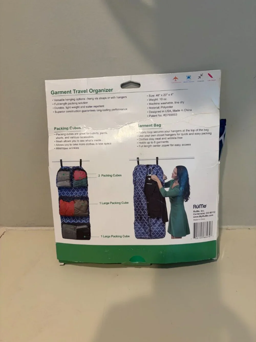 RuME GARMENT TRAVEL ORGANIZER BAG 2-SIDED NAVY BLUE GEOMETRIC Brand New